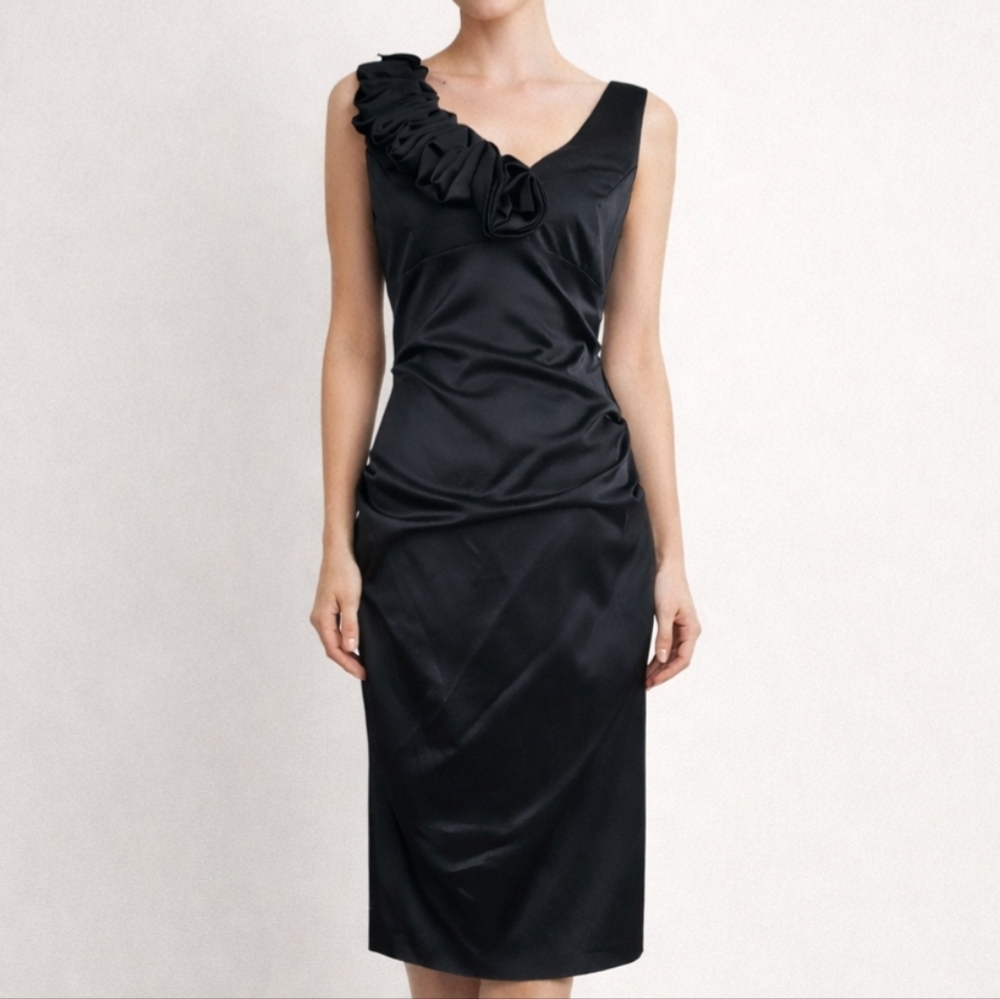 CACHE Size 8 Sleeveless Black Satin Ruched Bodycon Dress with Rosette Shoulder